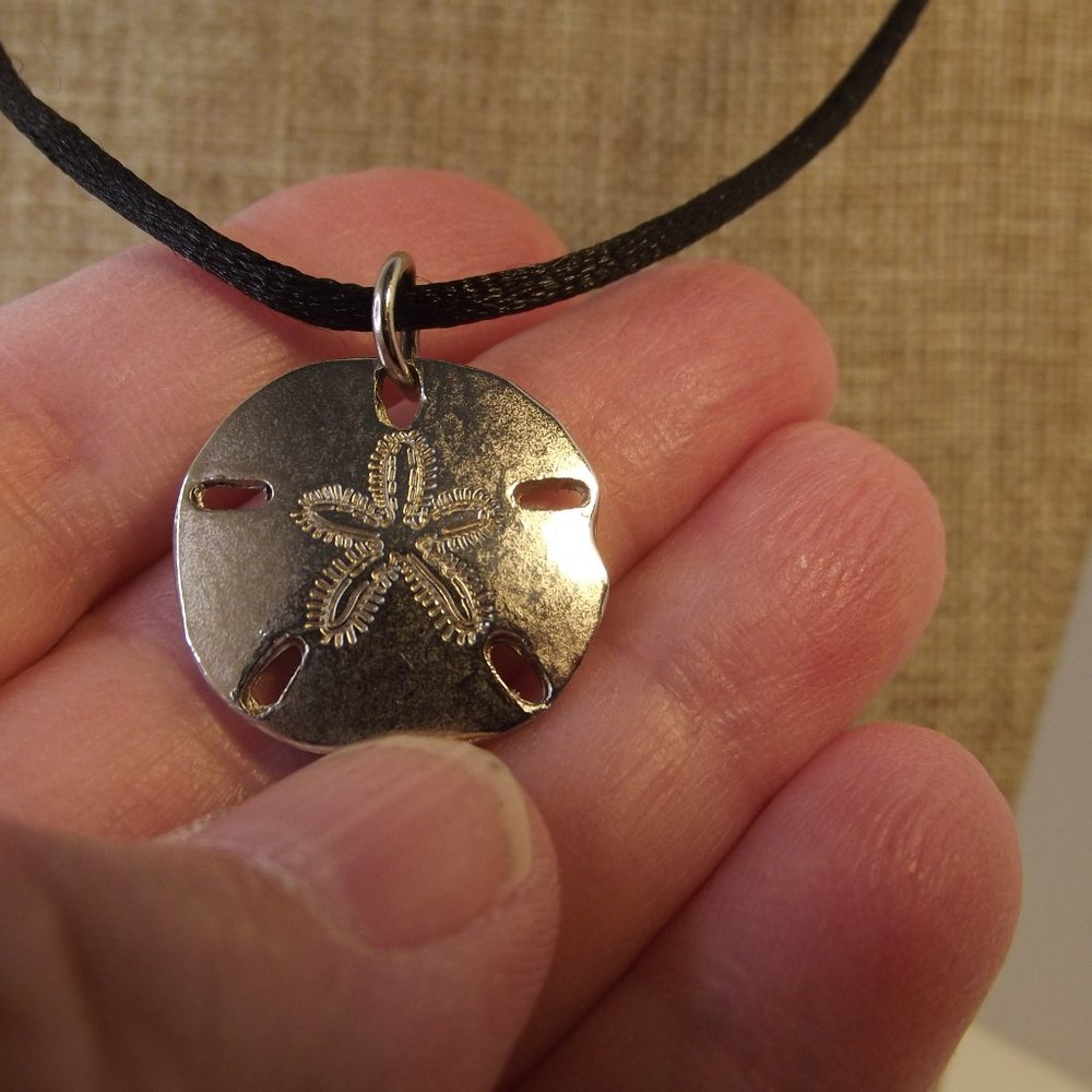 Pendant Necklace Silver Sand Dollar with Religious Verse on Back - Black Silk